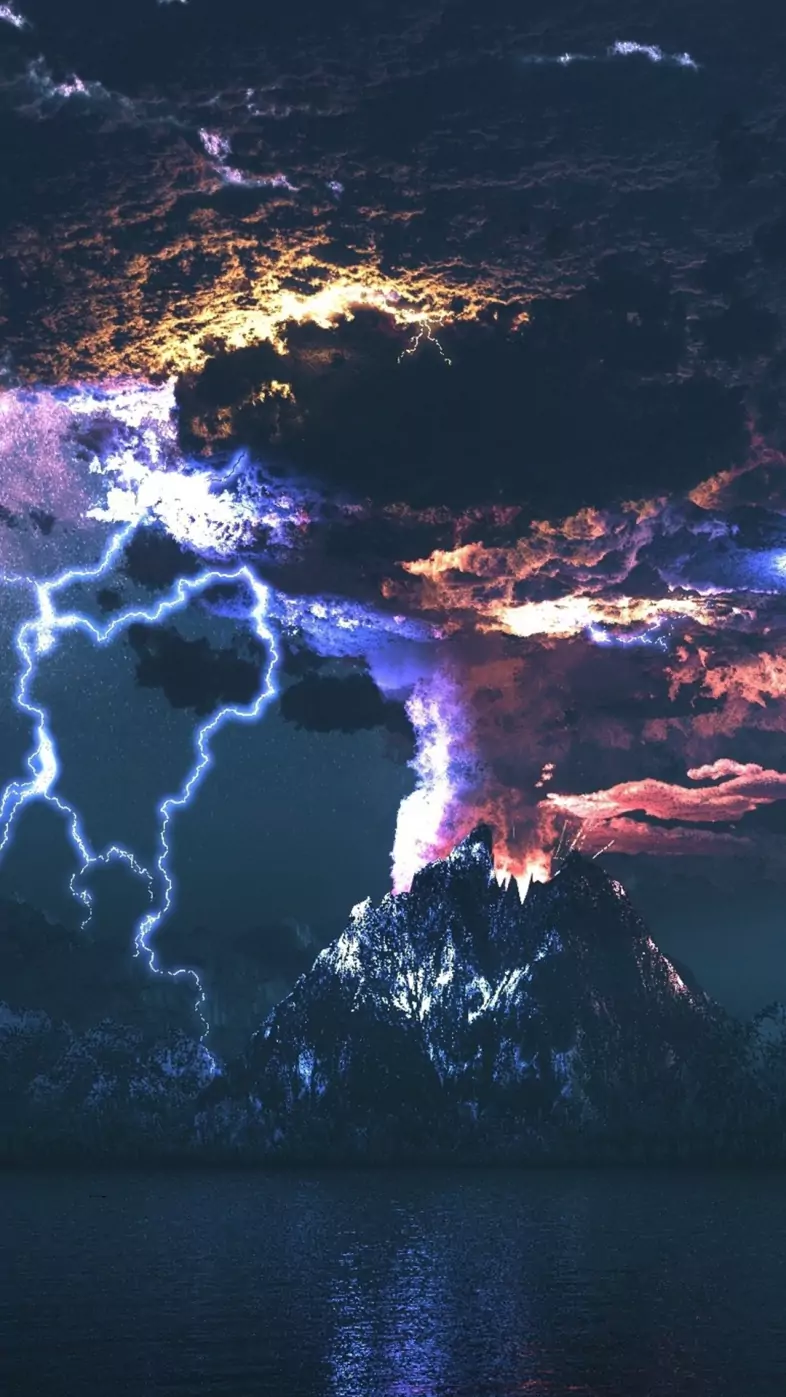 3d volcano eruption lightning wallpaper