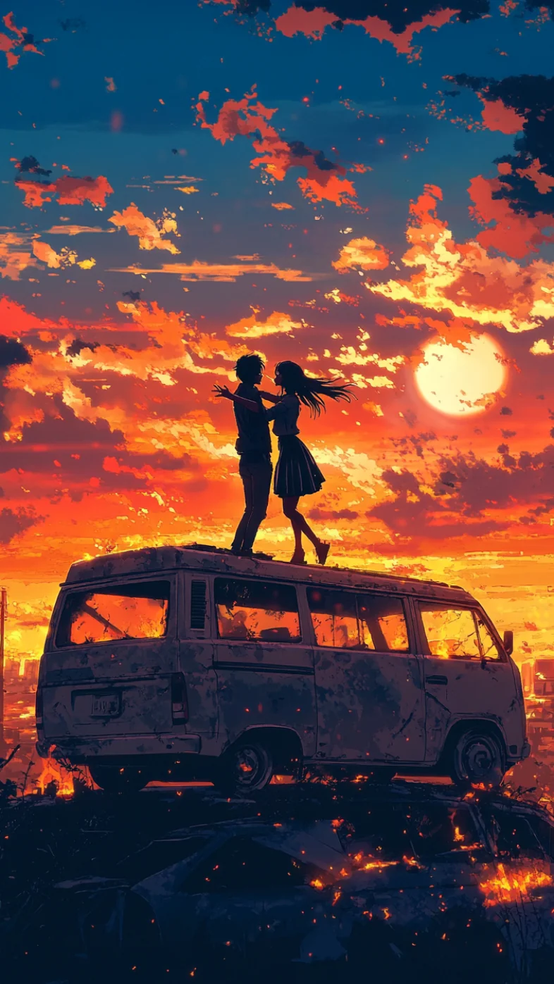 Anime love scene sunset wallpaper