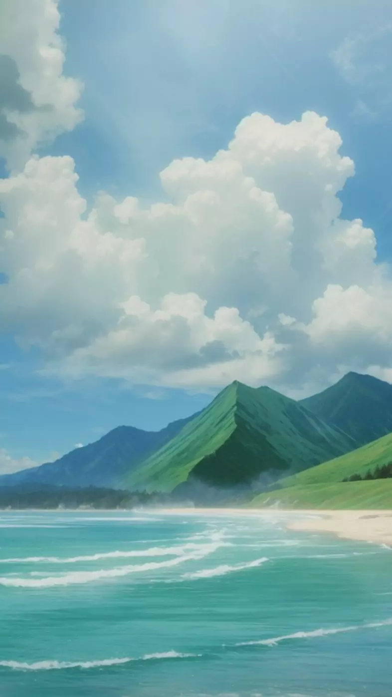 Blue beach green mountain wallpaper