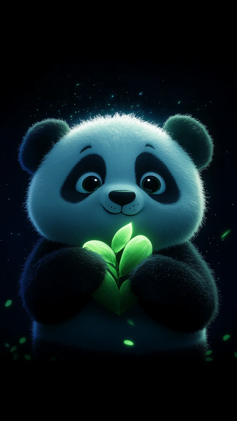 Cute panda hugging glowing bamboo wallpaper