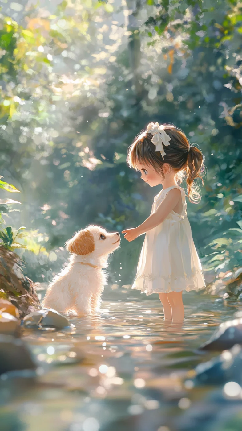 Little girl and a cute puppy wallpaper