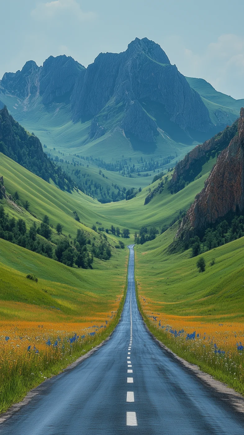 Road with grasslands mountains wallpaper