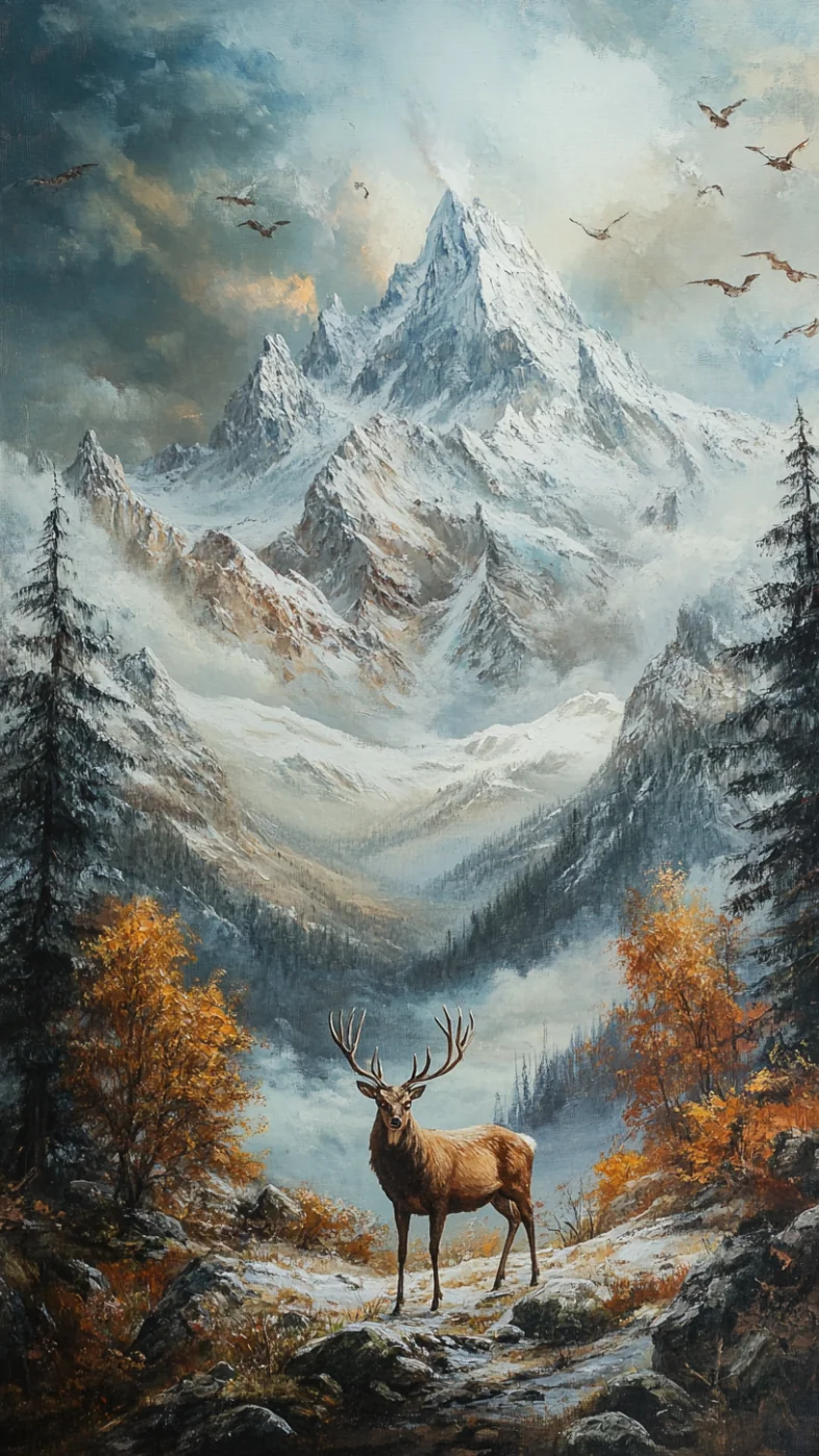 Snowcapped mountains with deer wallpaper