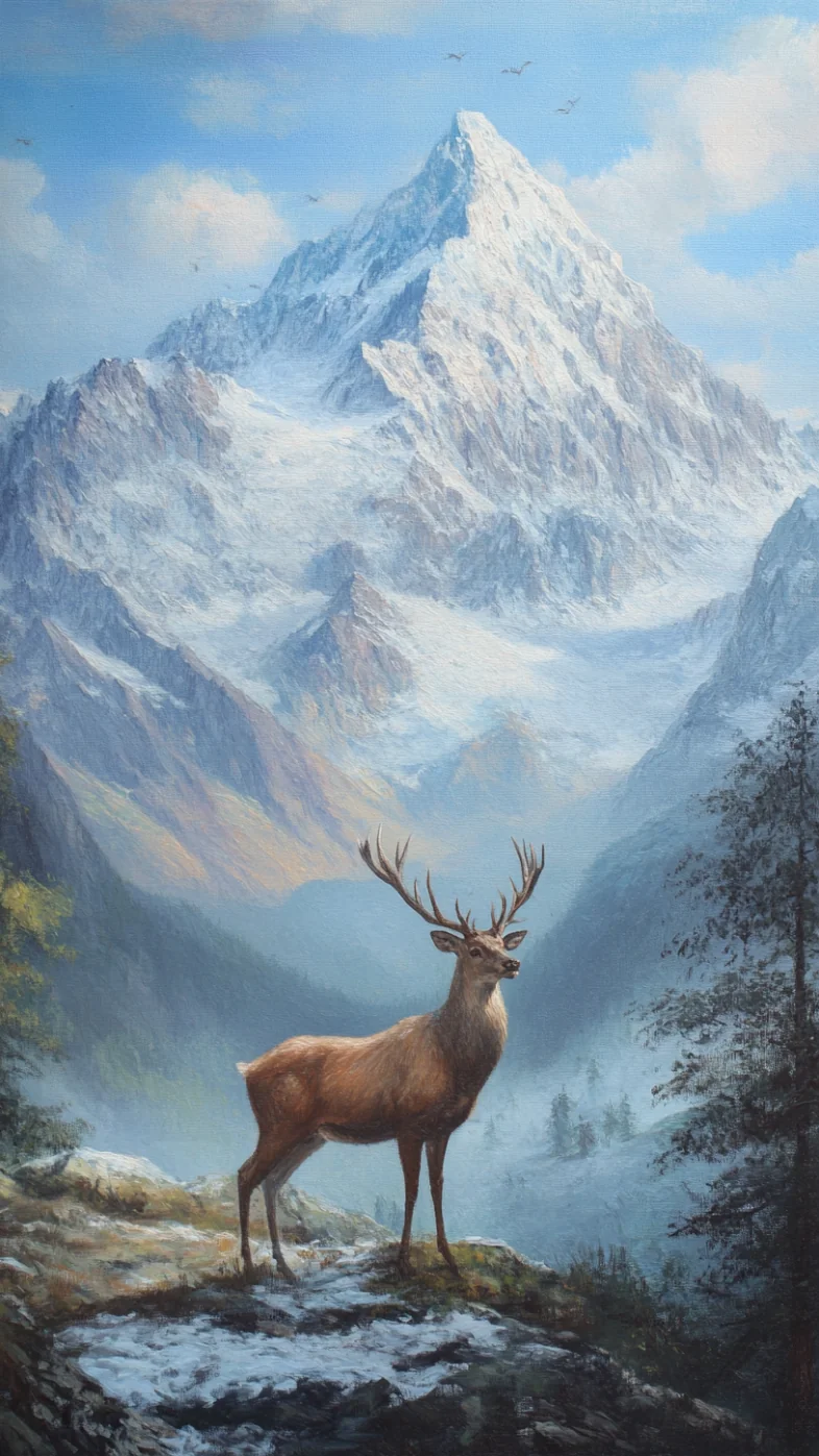 Snowcapped mountains with deer art wallpaper