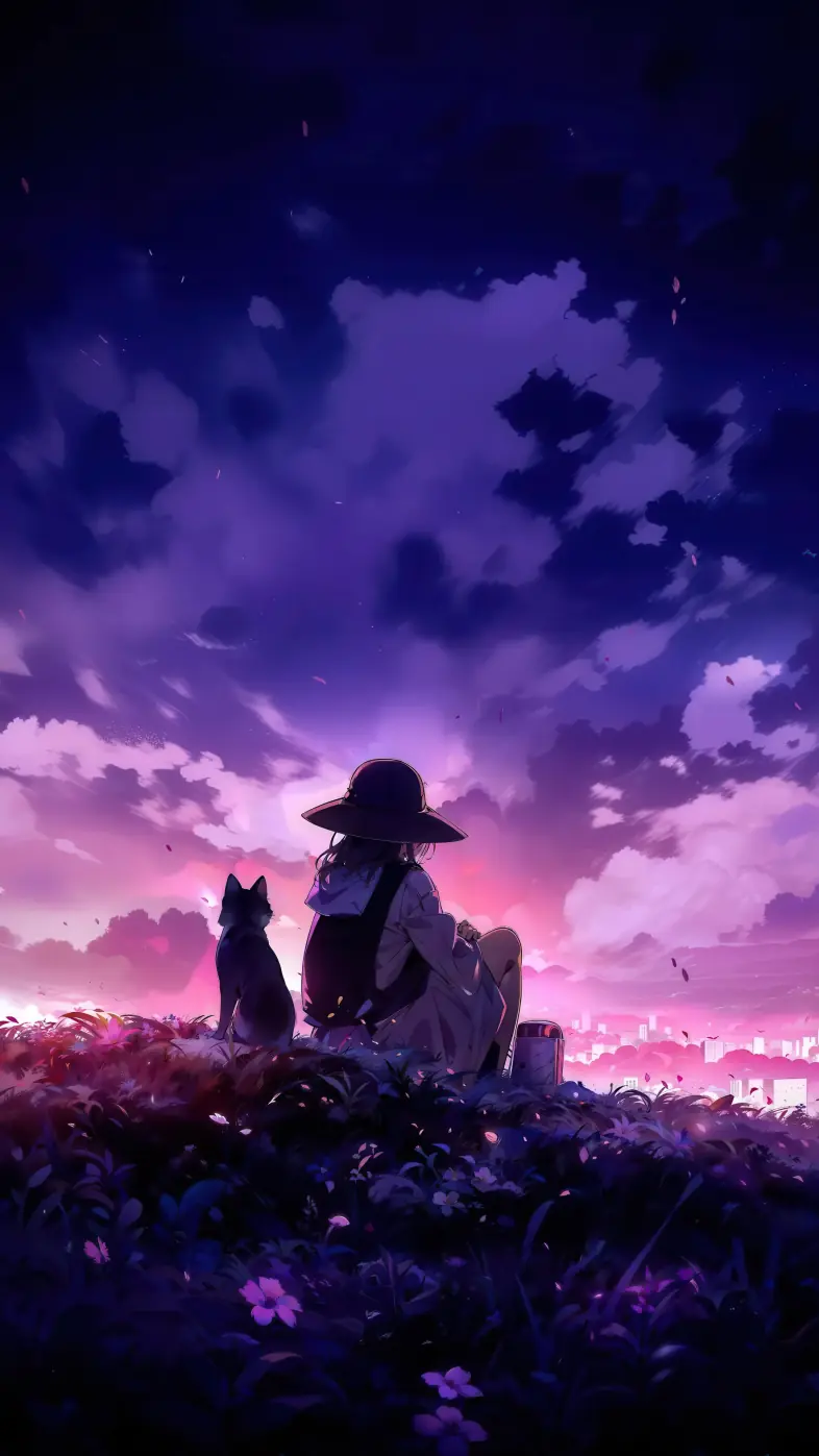 anime girl and cat watching the sunset wallpaper