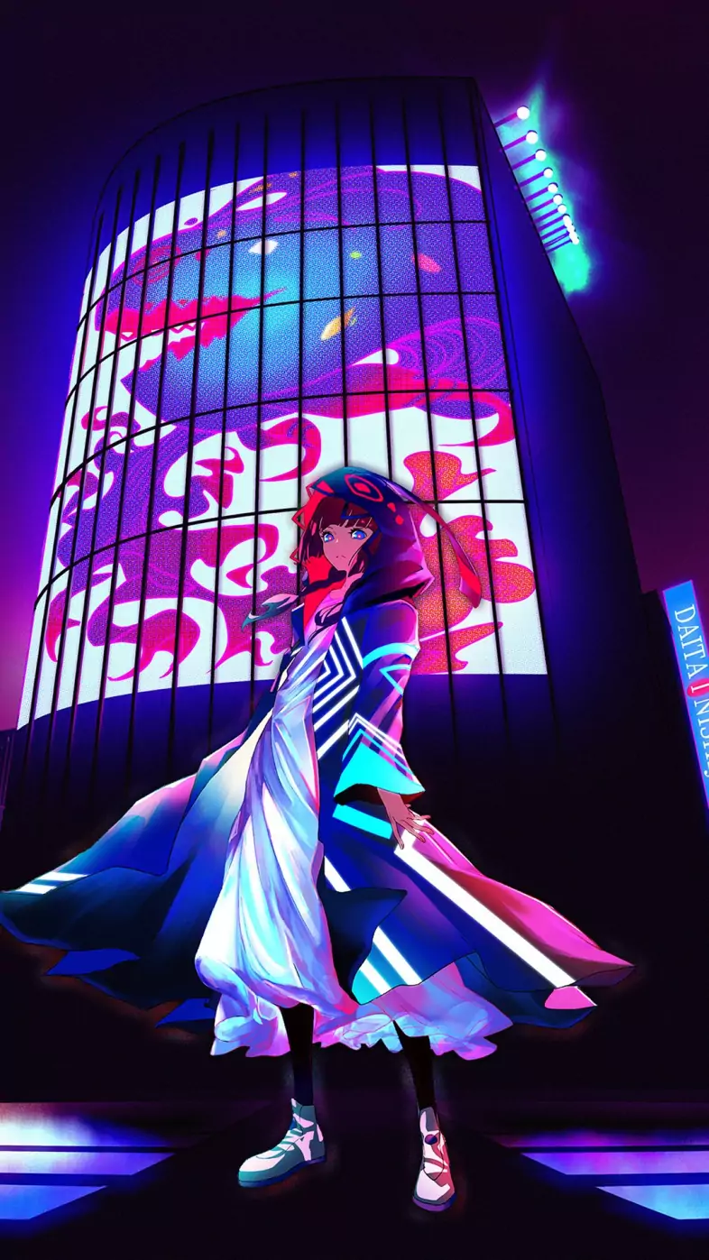 anime girl billboard neon city wallpaper