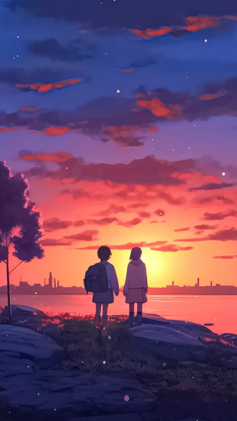 anime girl boy sunset wallpaper