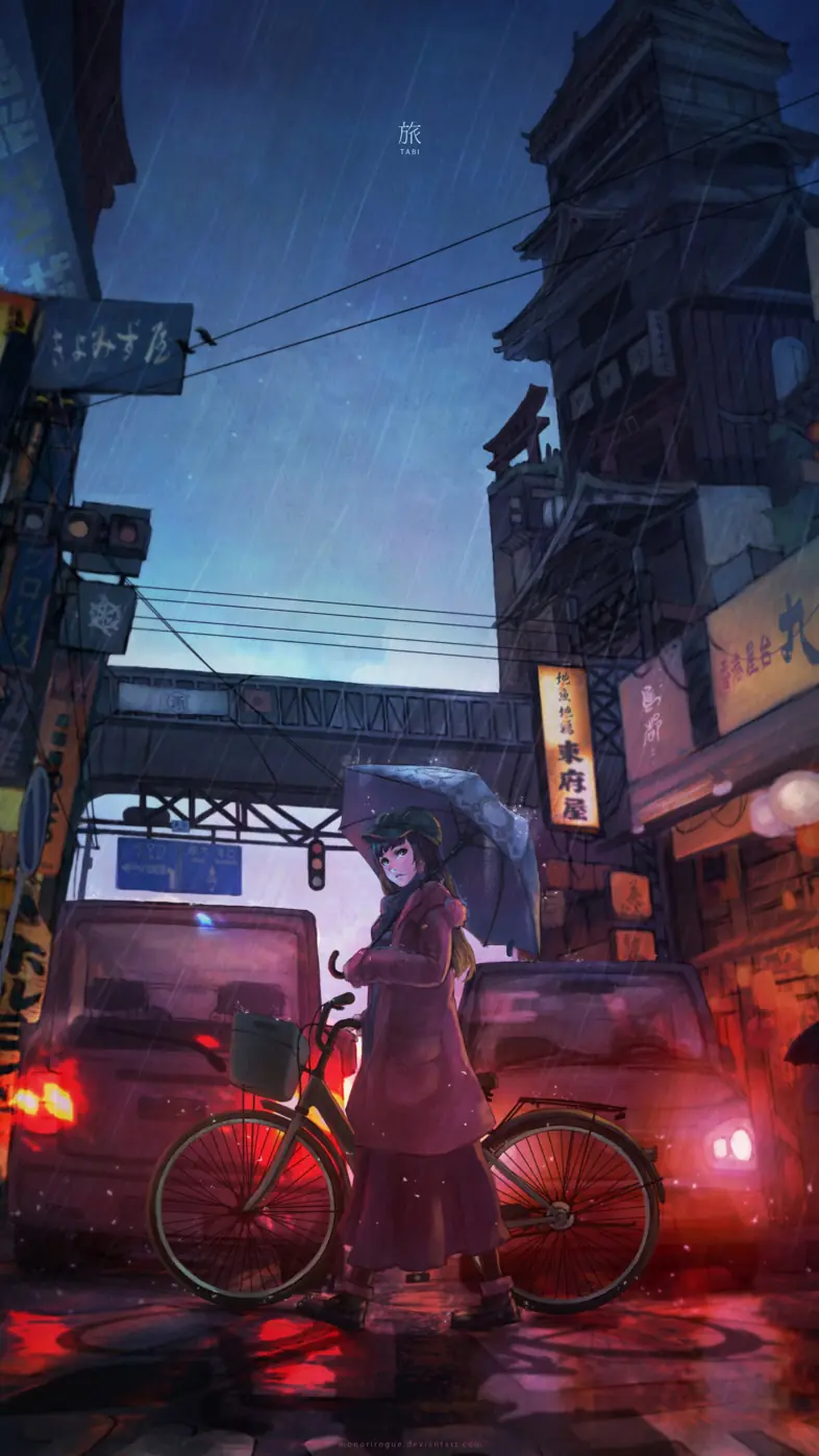 anime girl cyle rain umbrella wallpaper