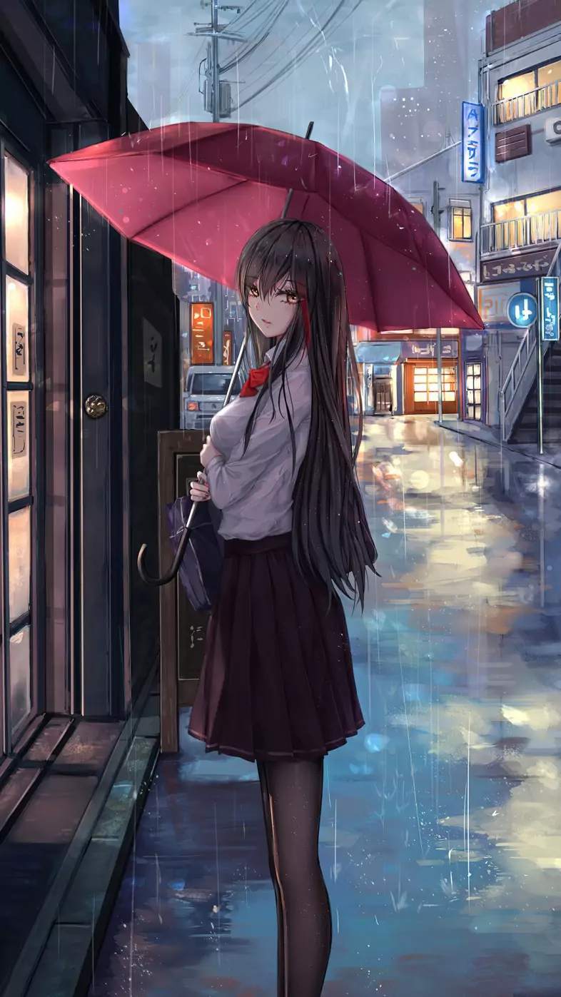 anime girl rain umbrella wallpaper