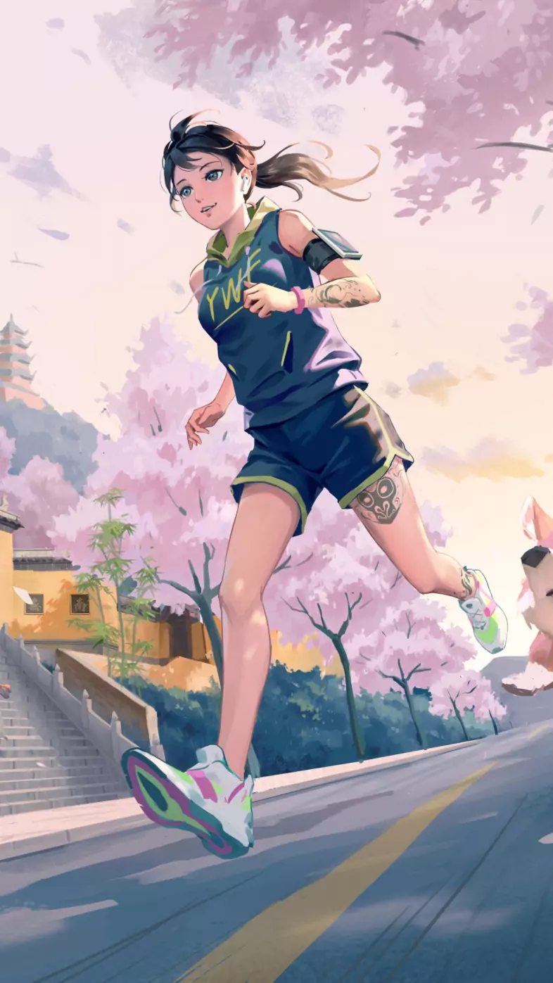 anime girl running with dog wallpaper