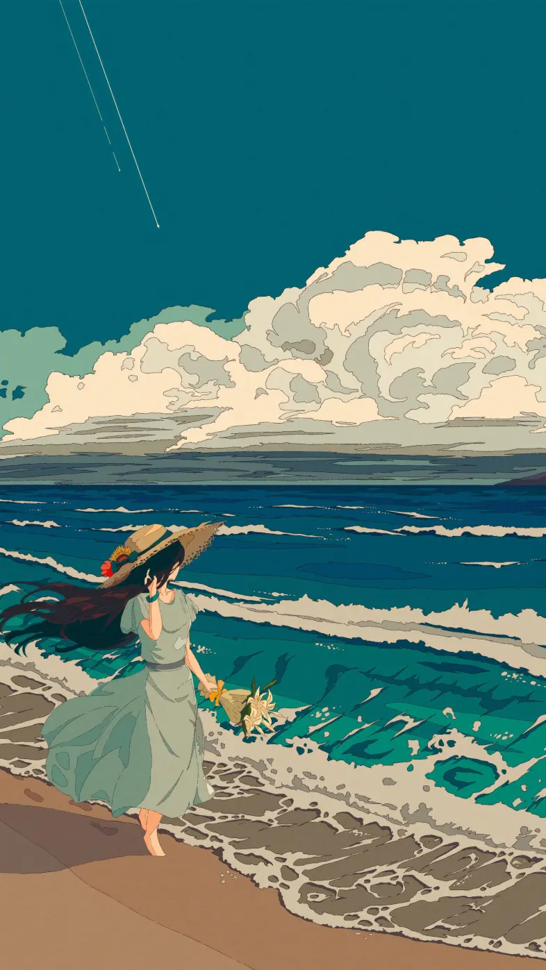 anime girl walking on beach wallpaper