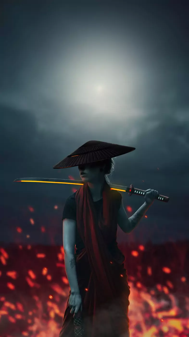 asian girl with lava sword wallpaper