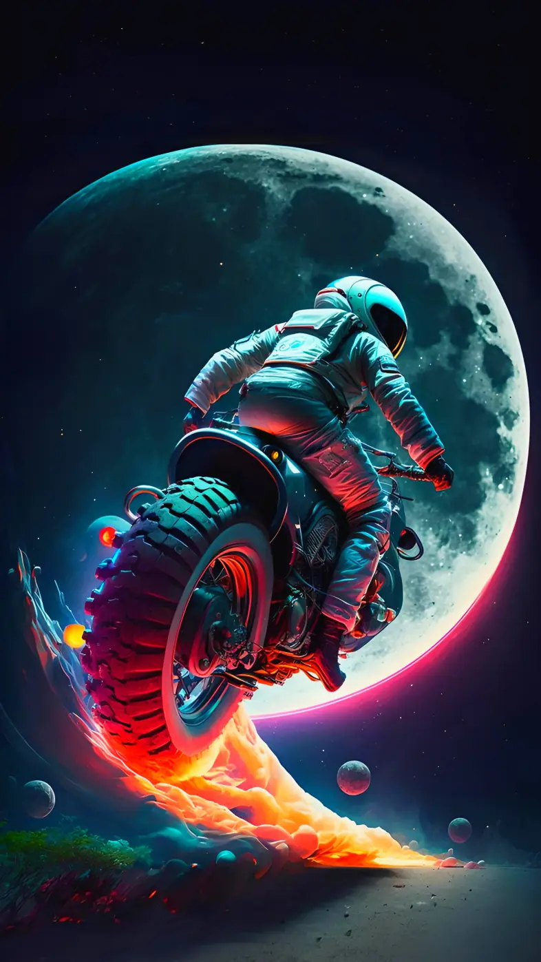 astronaut bike fire moon space art wallpaper