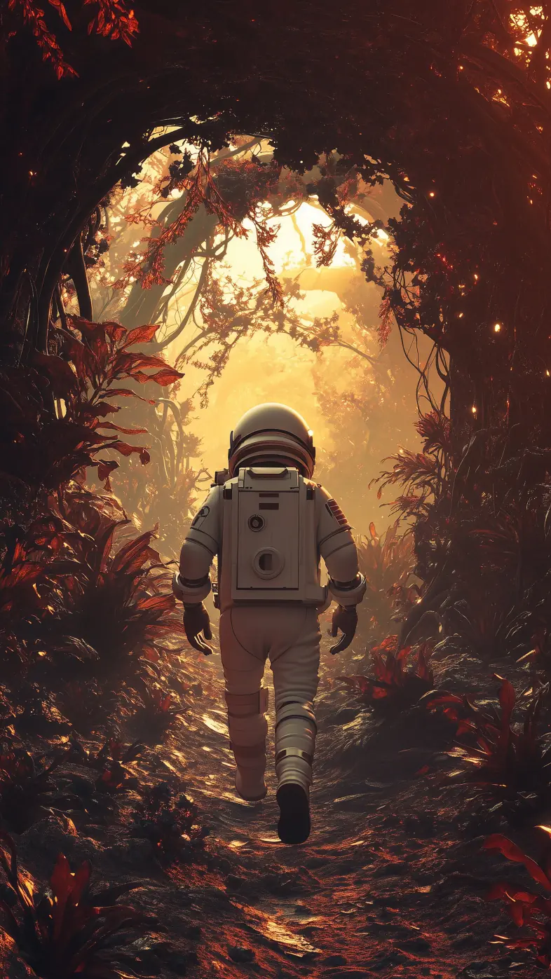 astronaut forest path vines wallpaper