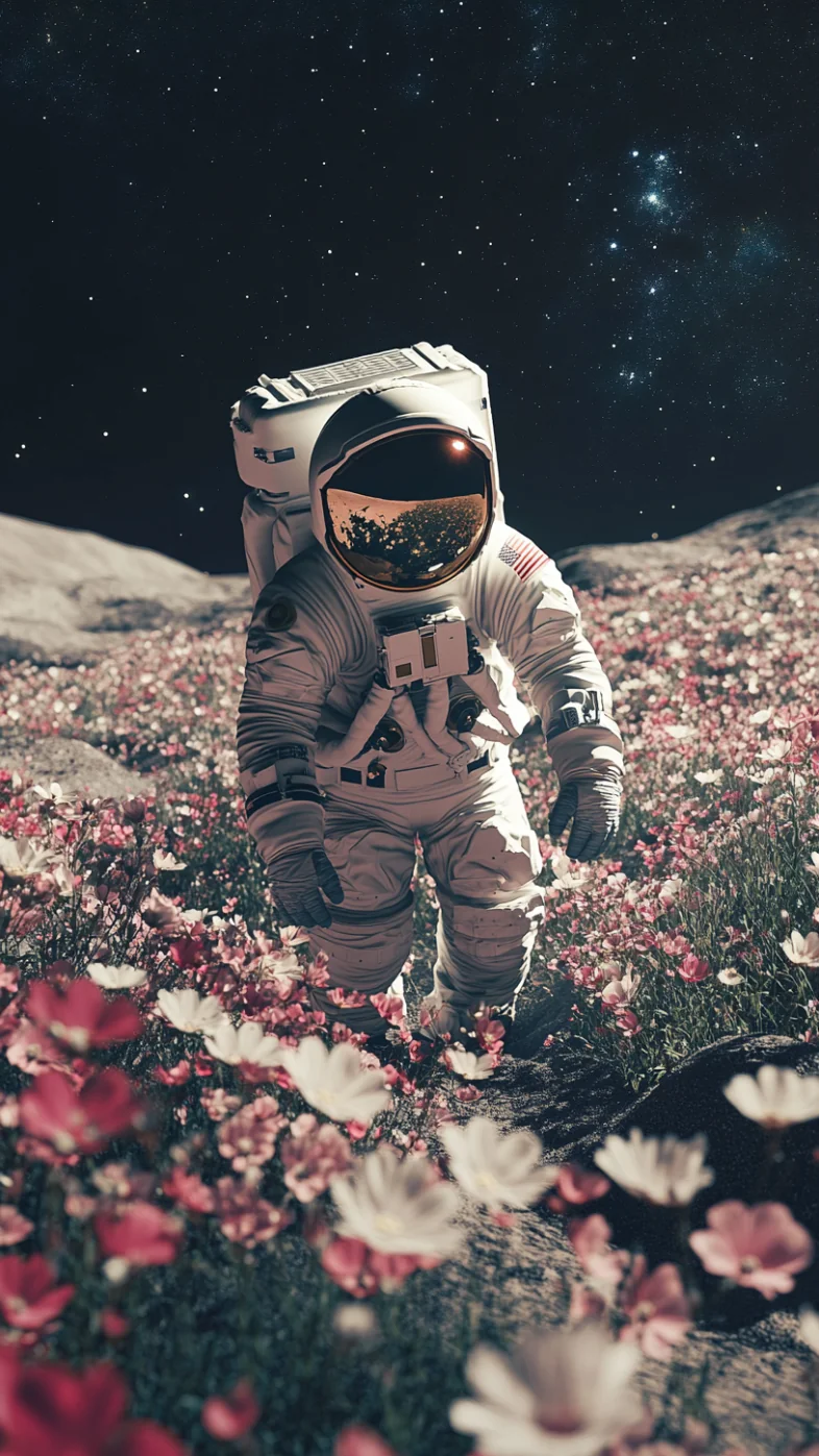 astronaut in a field of flowers wallpaper