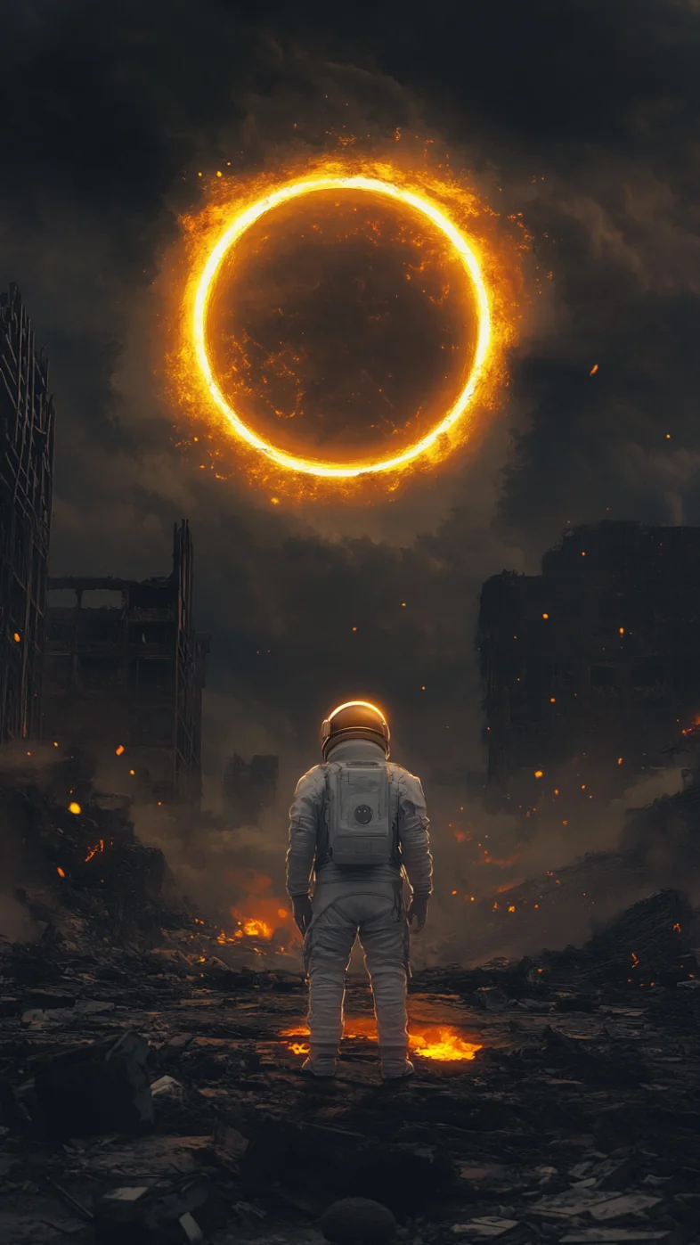 astronaut standing burnt city wallpaper