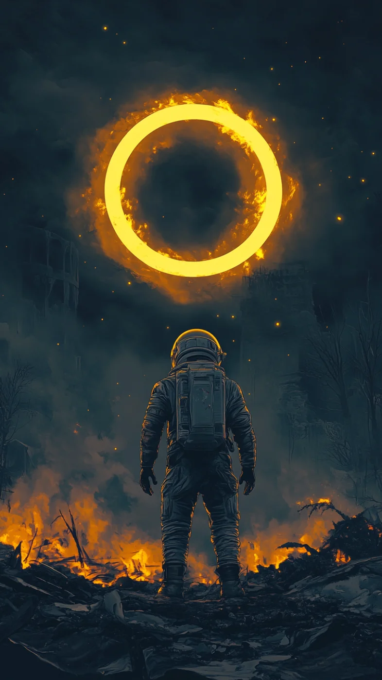 astronaut standing burnt city wallpaper