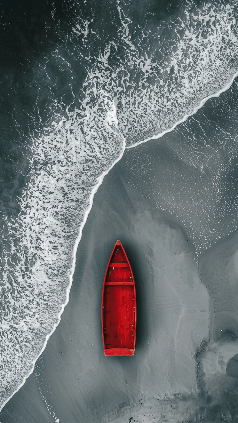 beach silent grey tone red boat wallpaper