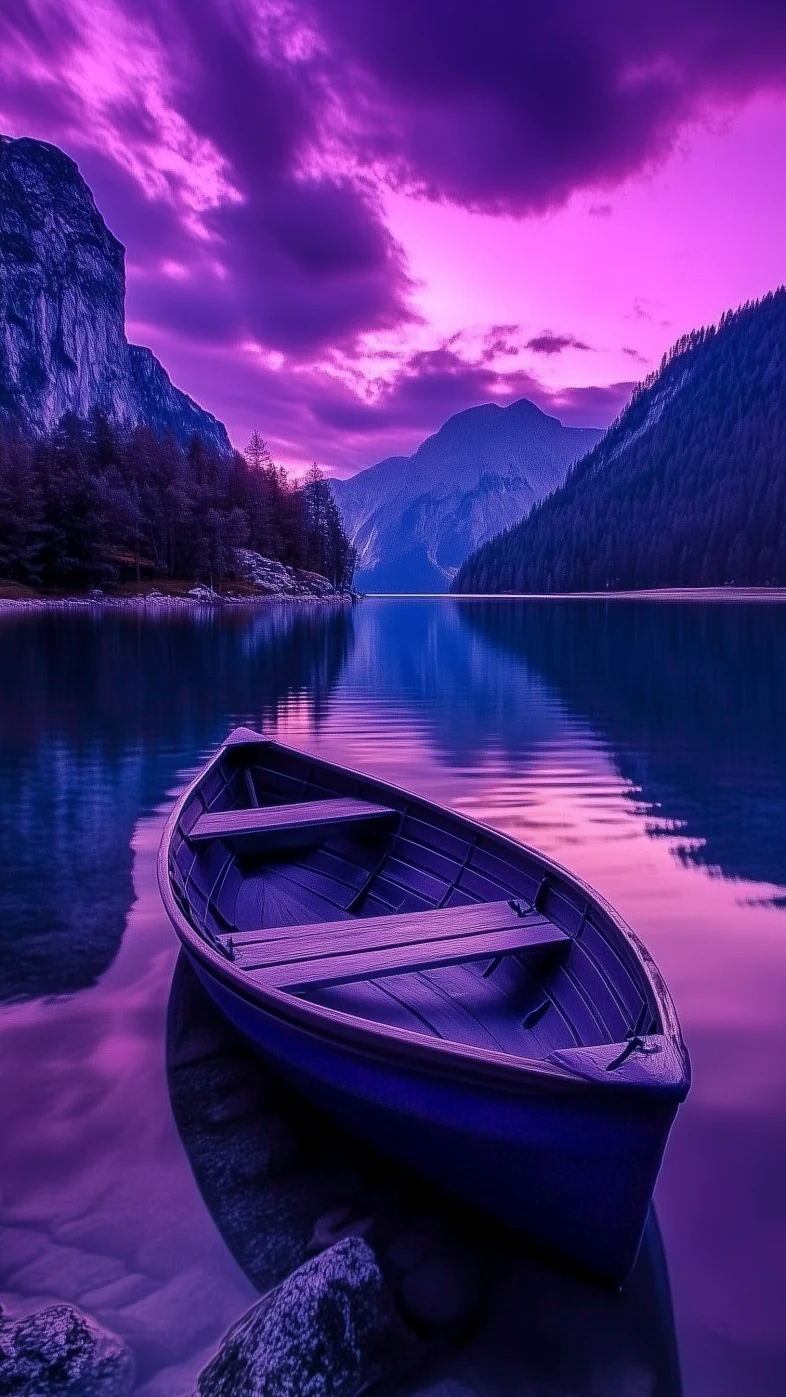 beautiful purple lake and boat wallpaper