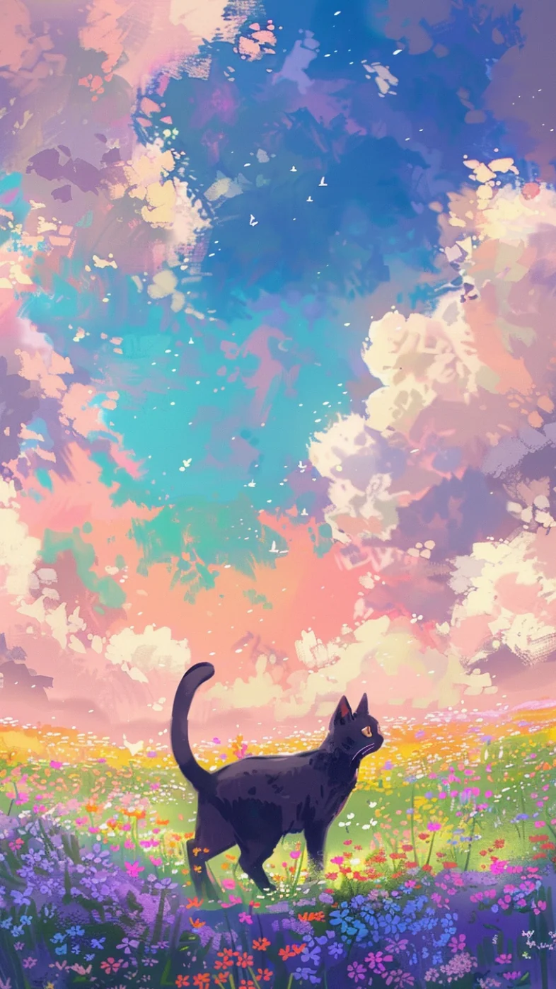 black cat walks art wallpaper