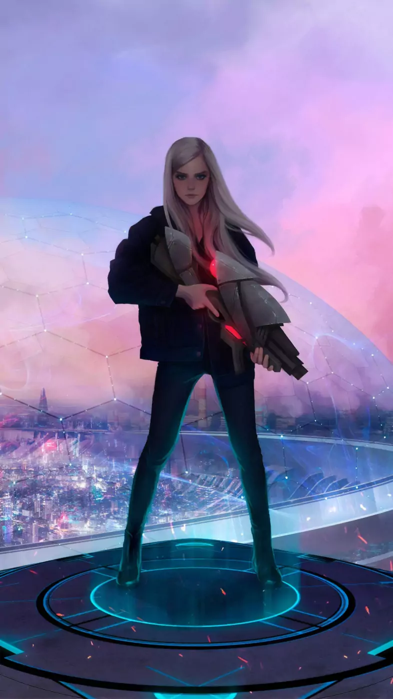 blonde girl with gun science ficiton wallpaper