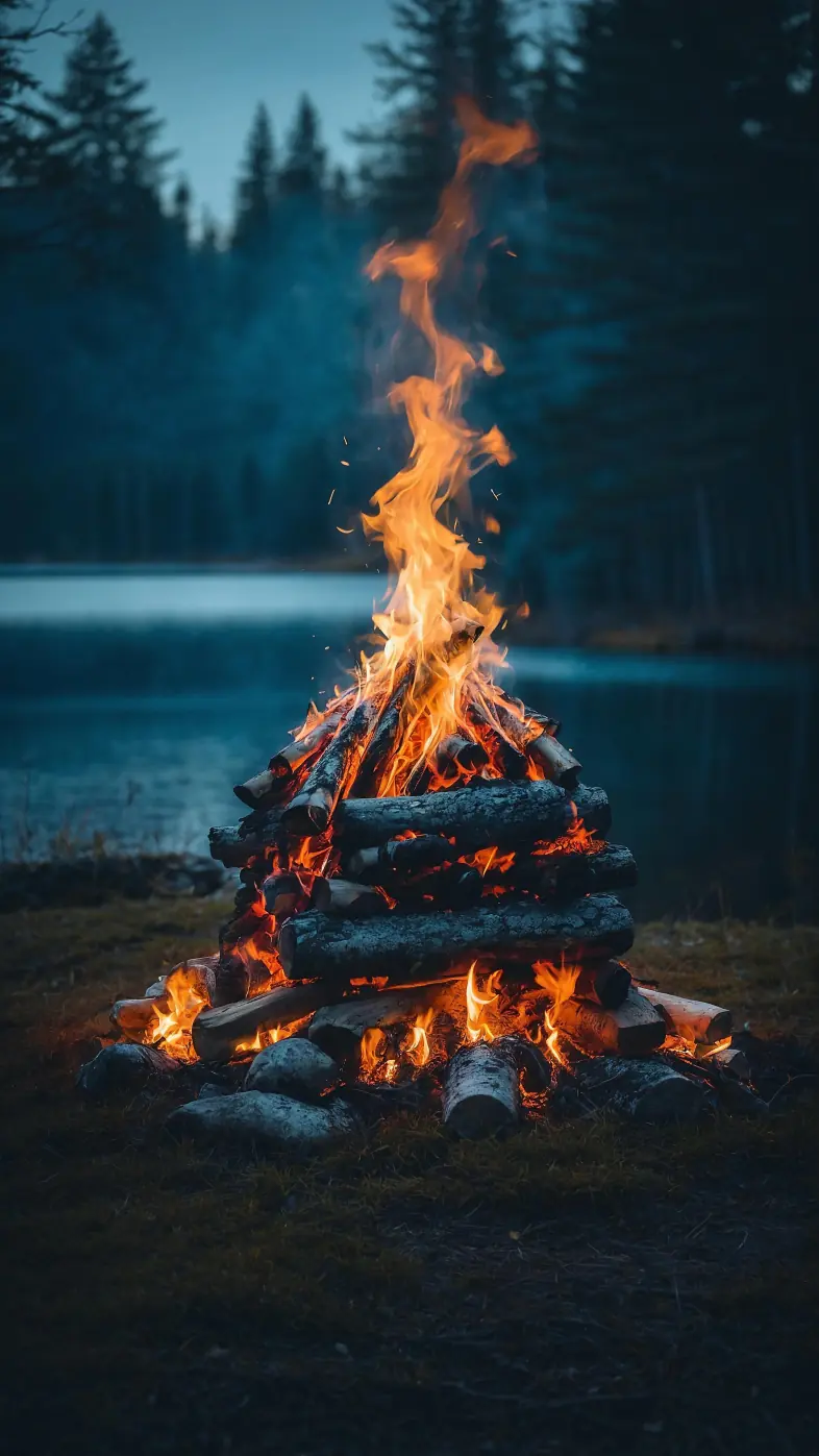 campfire fire flame lake forest evening nature wallpaper