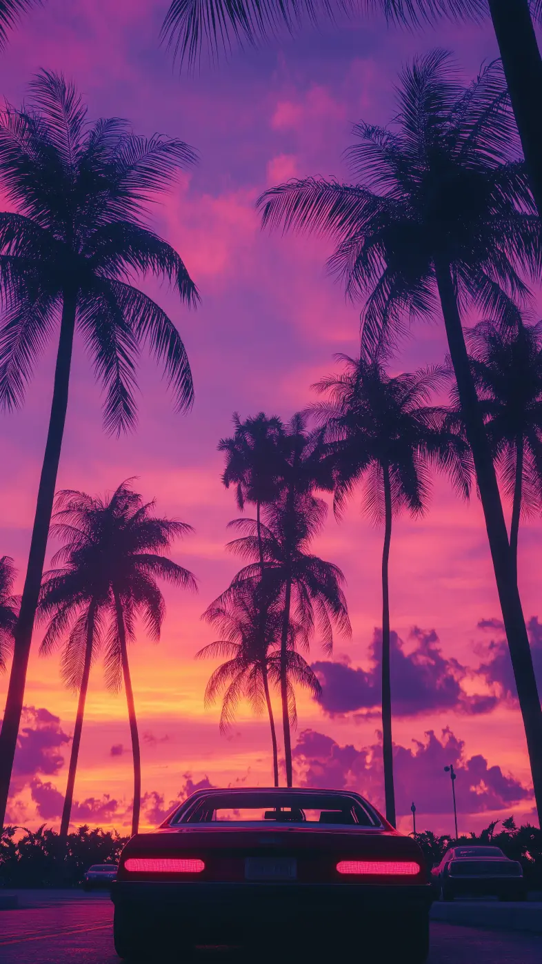 car tropics palm trees sunset dark wallpaper
