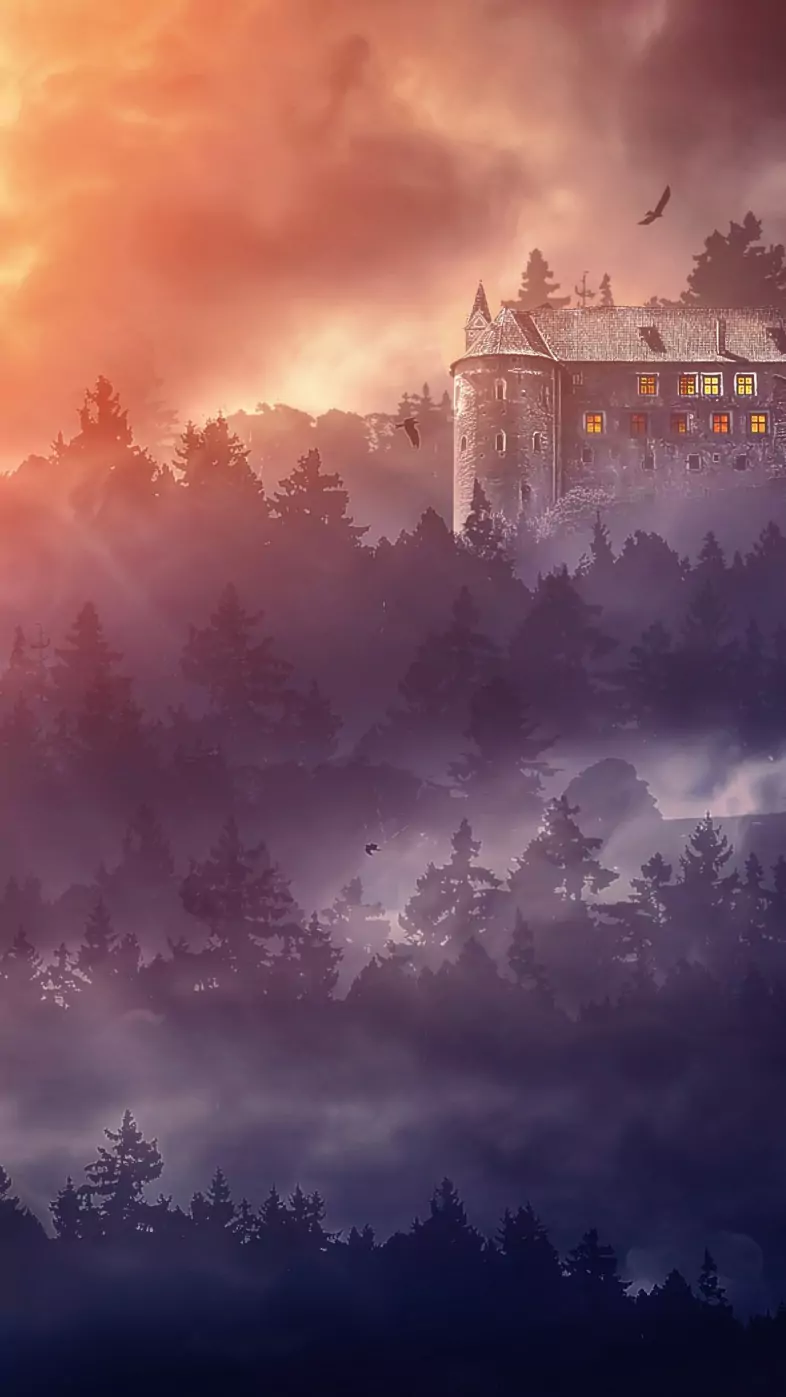 castle burning sky sunset wallpaper