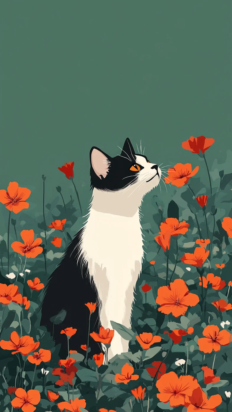 cat red flowers wallpaper