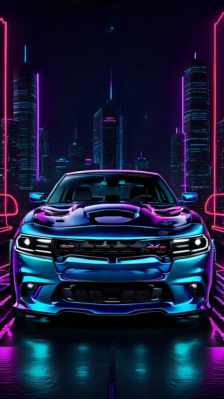charger neon city blue purple car wallpaper