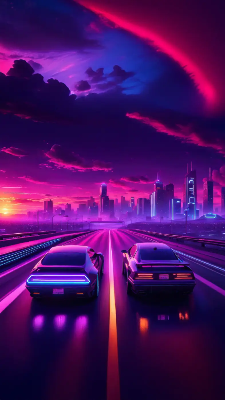 city skyline synthwave cars cruising wallpaper