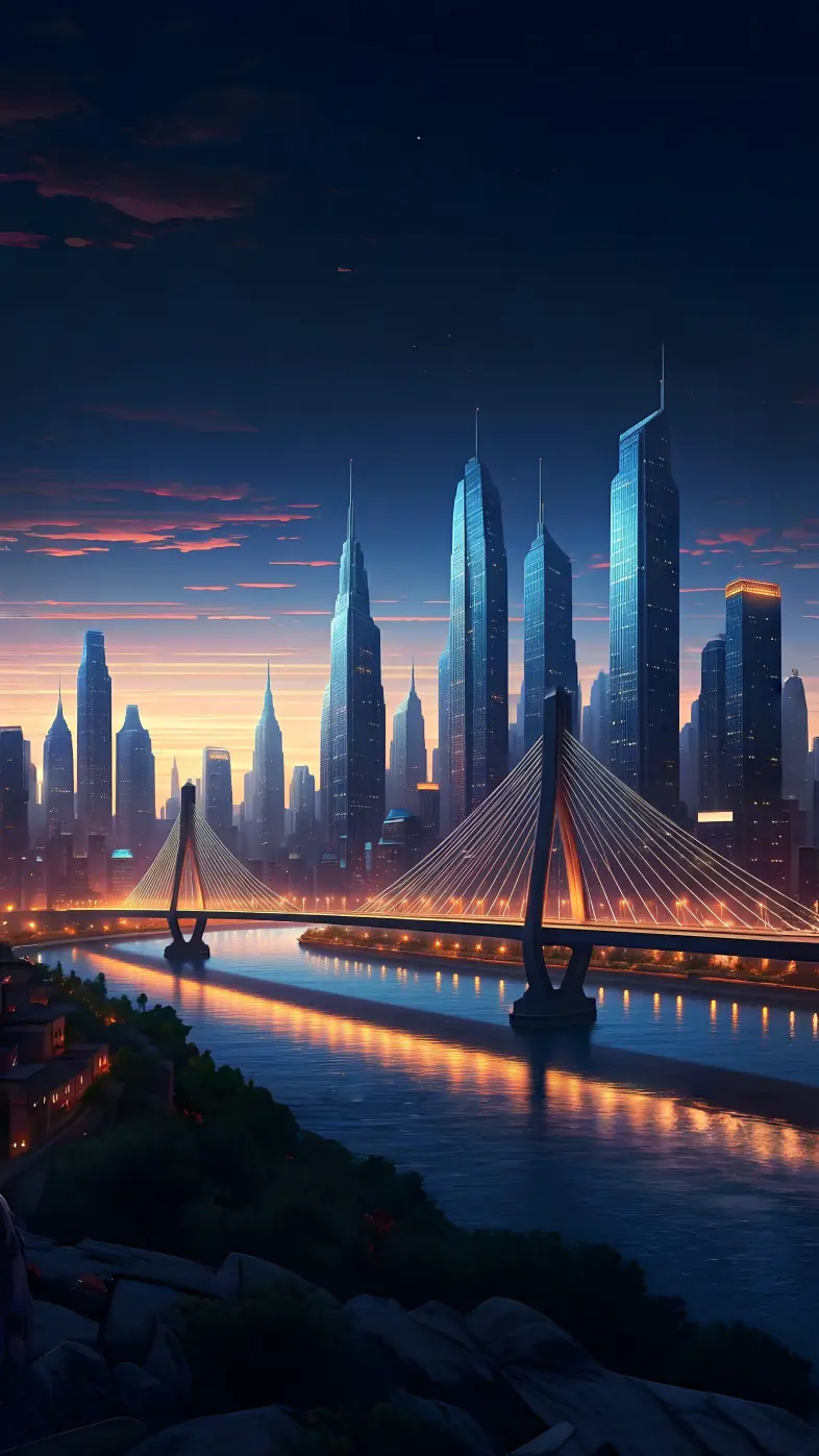 city skyscrapers bridge river shore sunset wallpaper