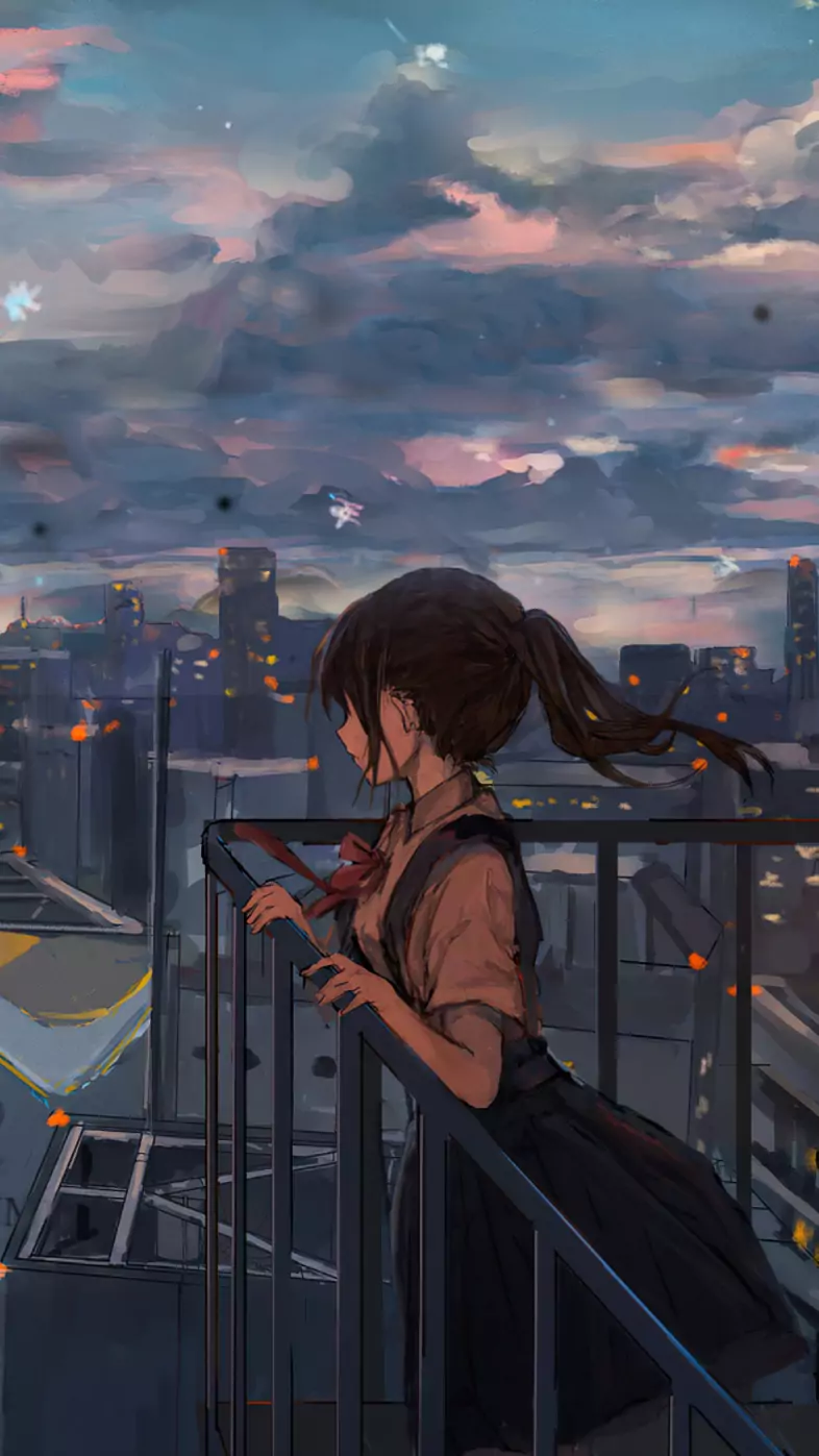 cityscape sky anime girl wallpaper