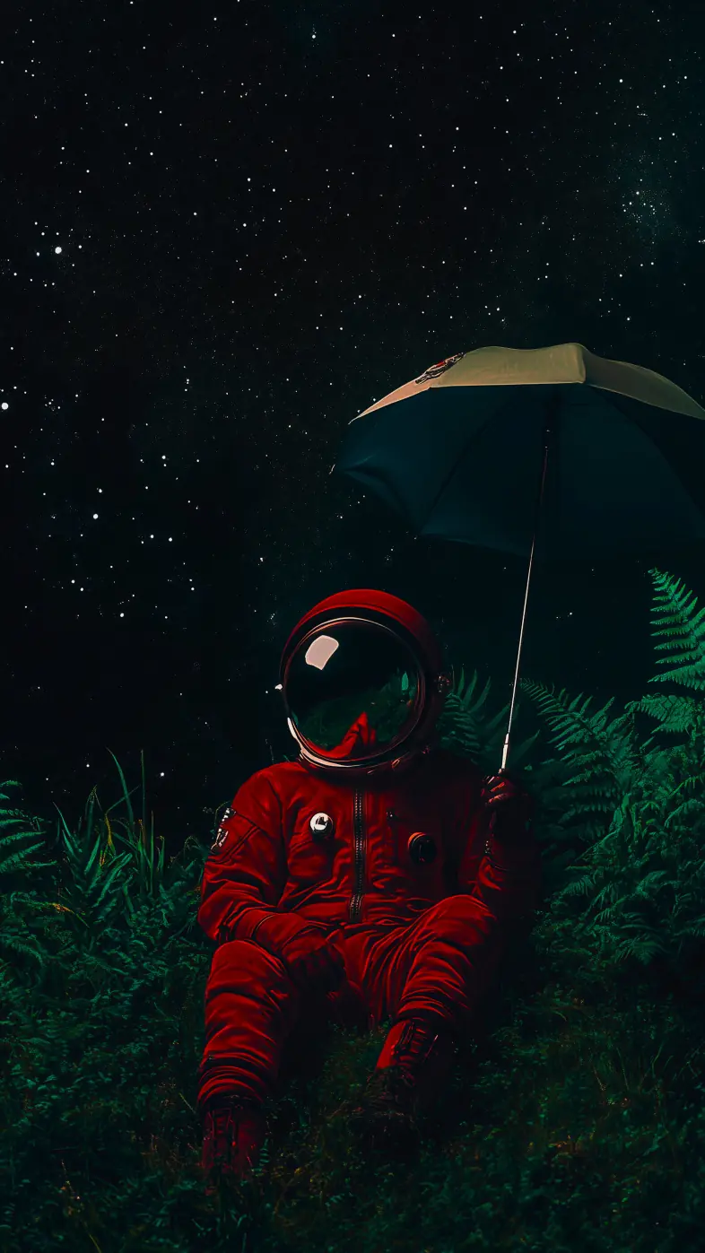 cosmonaut umbrella grass stars wallpaper