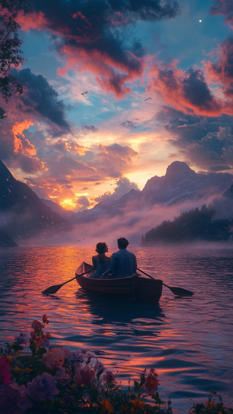 couple in love sitting boat wallpaper