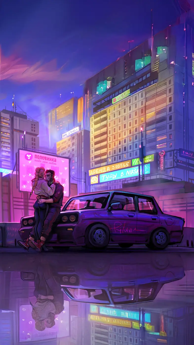 couple kiss in cyber city wallpaper