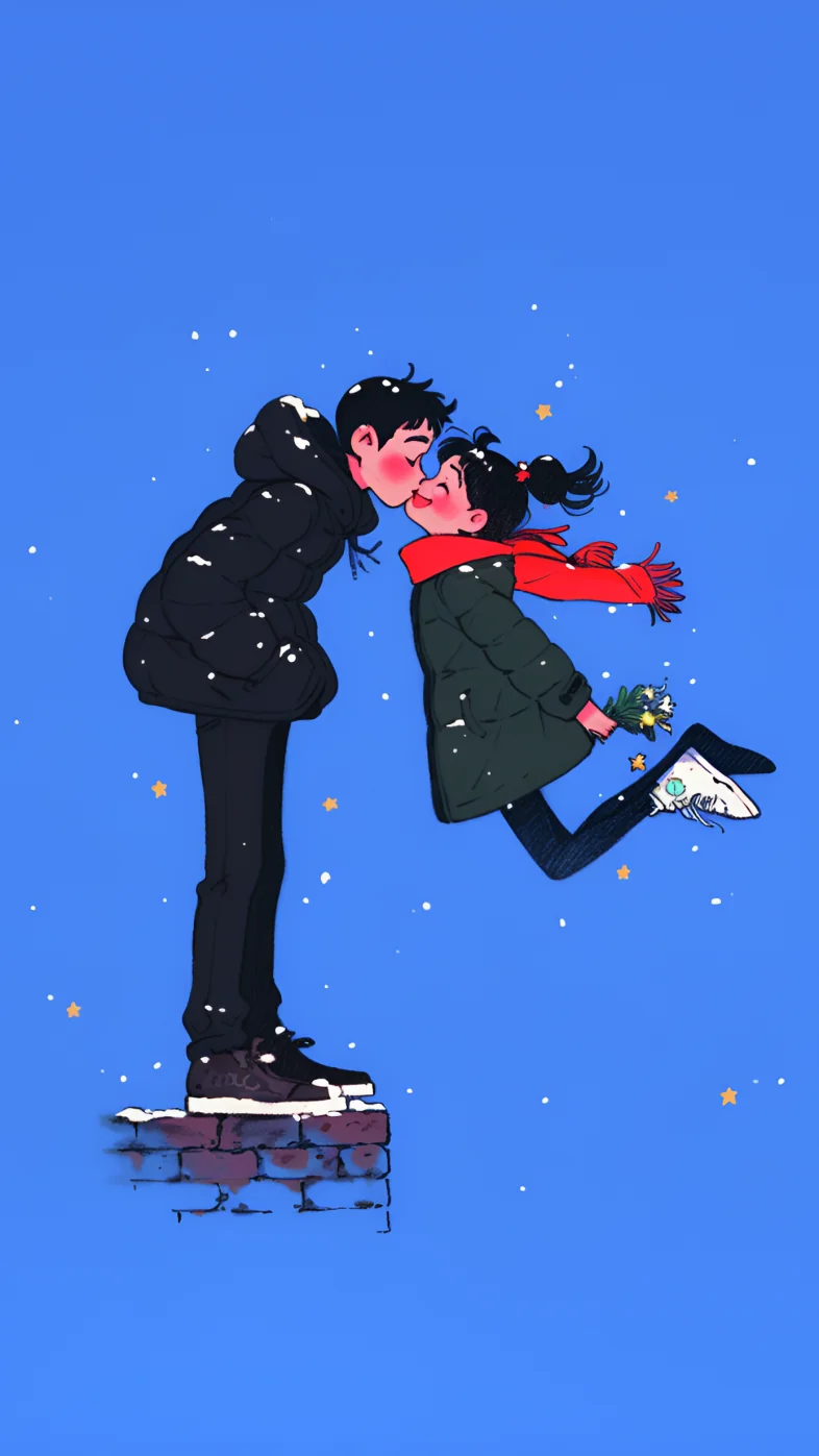 couple kiss snow love blue art wallpaper