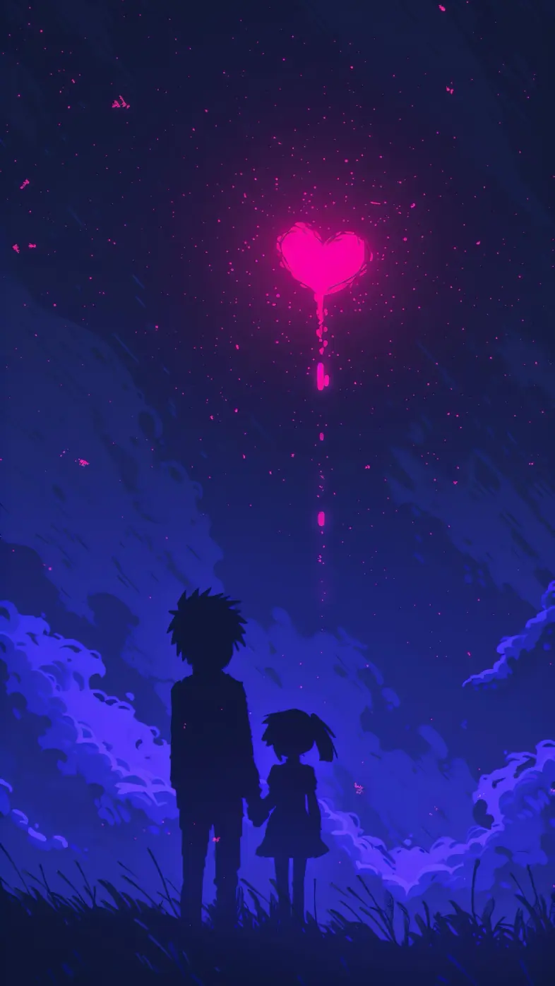 couple silhouettes heart night blue  wallpaper