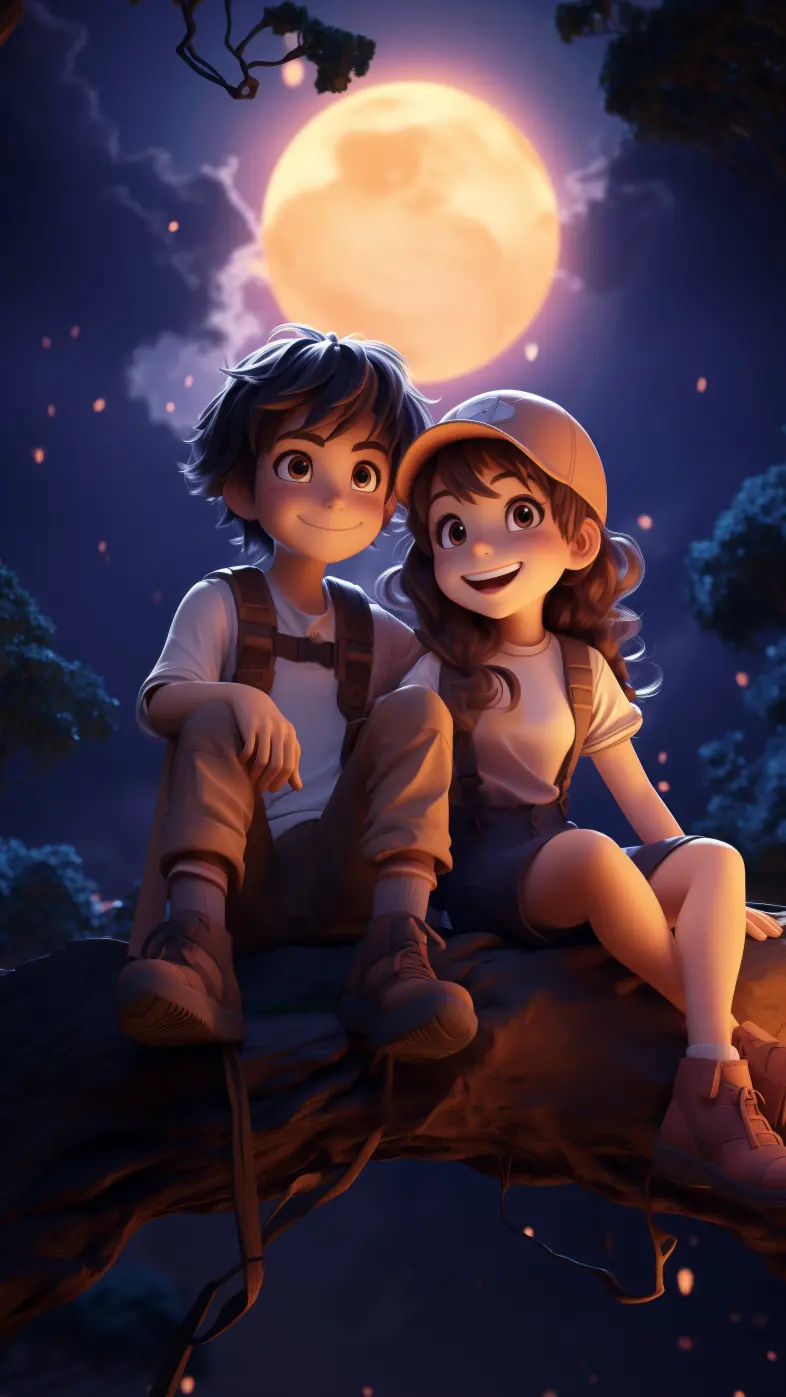 couple smiles tree night moon  wallpaper