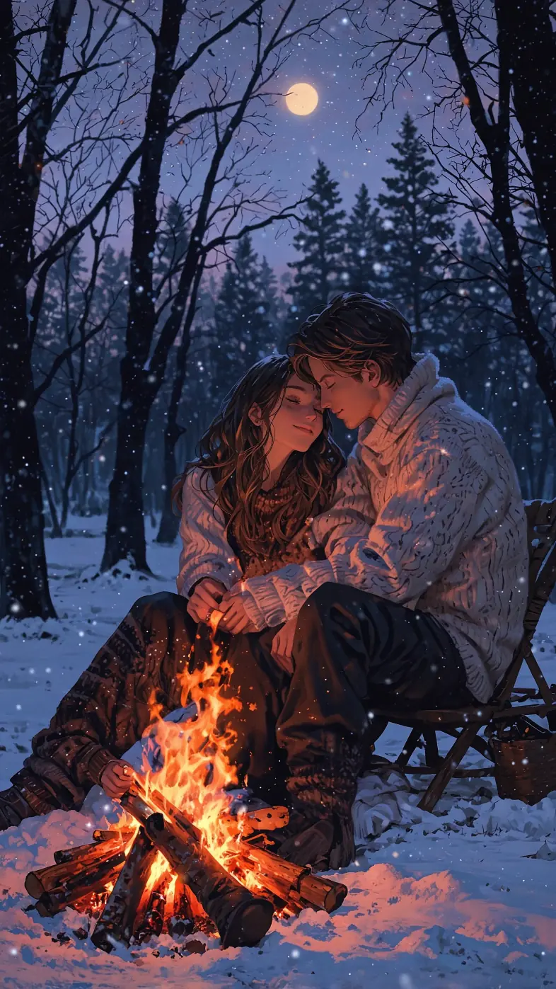 couple snow bonfire love moon wallpaper