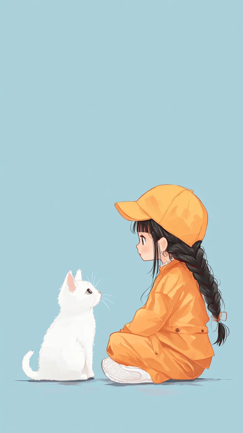 cute girl with cat minimalist wallpaper