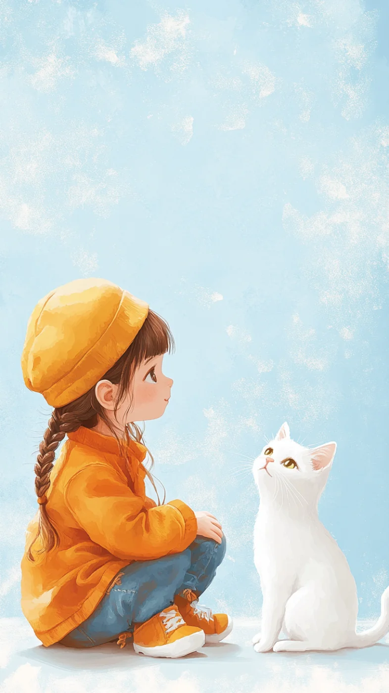 cute little girl a white cat wallpaper