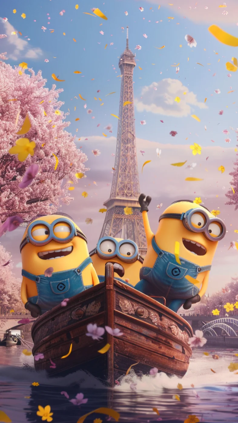 cute yellow Minions on a boat in Paris cartoon wallpaper