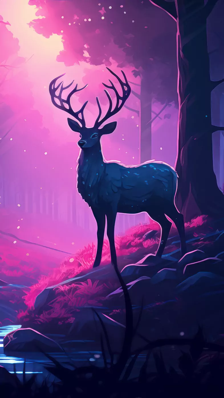 deer forest river digital art wallpaper