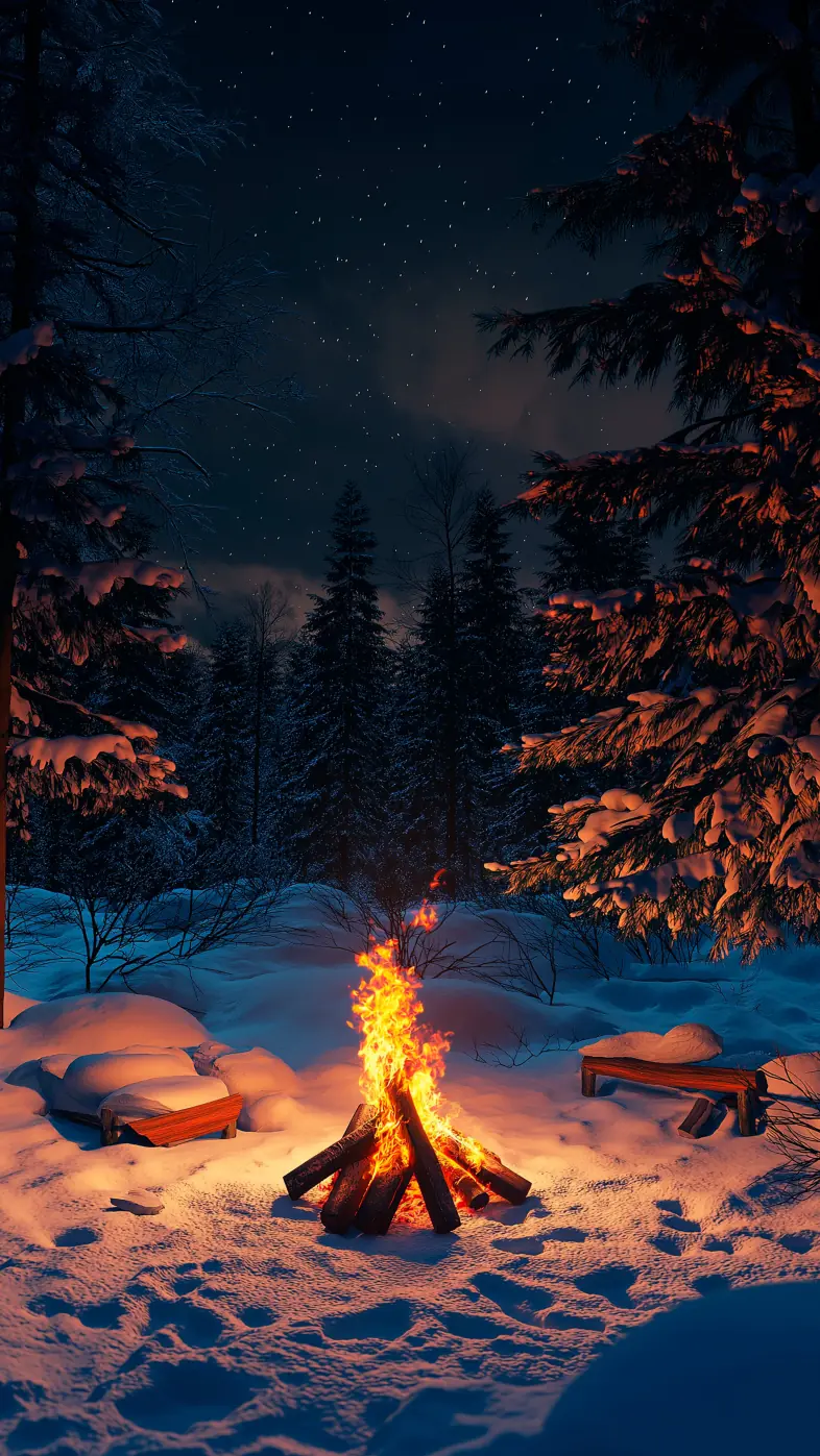 fire forest winter snow trees night wallpaper