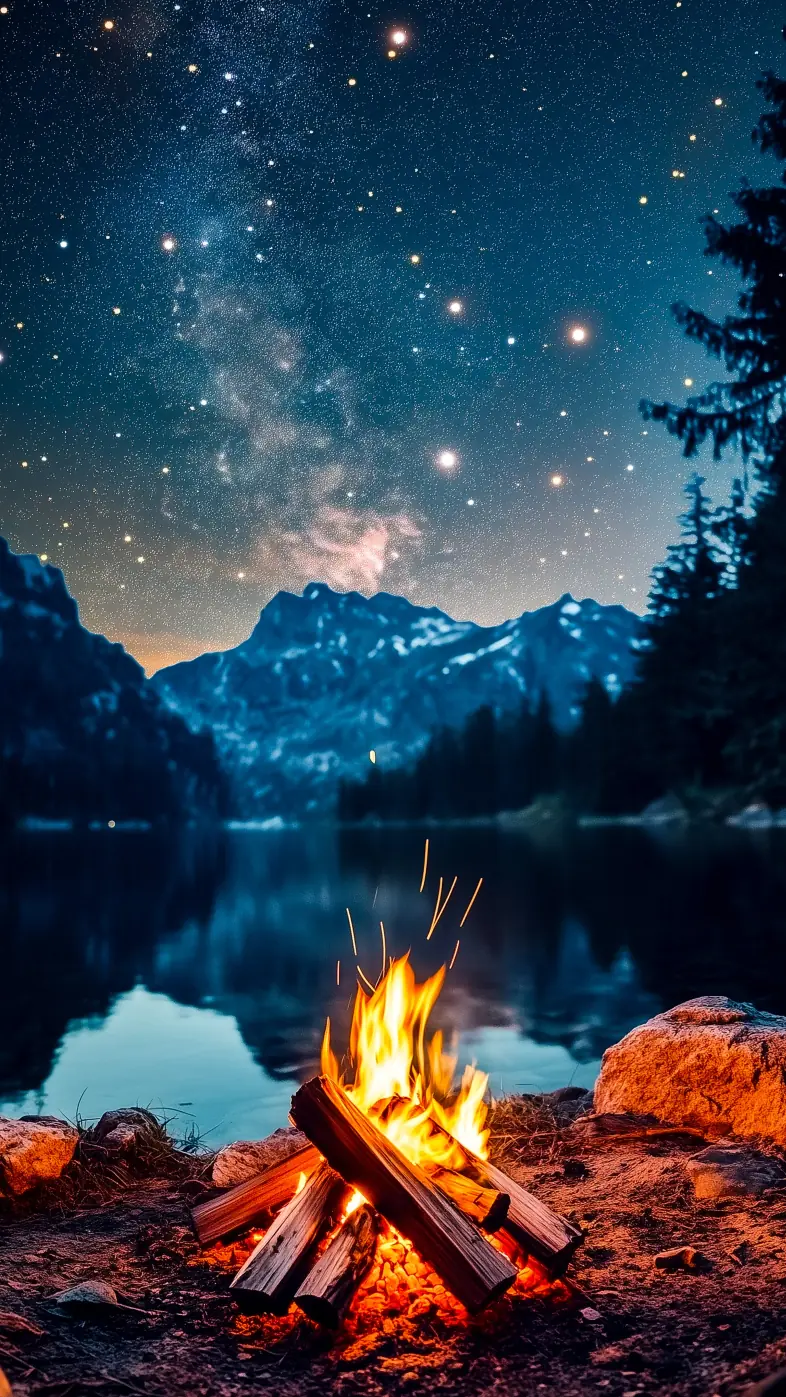 fire stars starry sky lake evening wallpaper