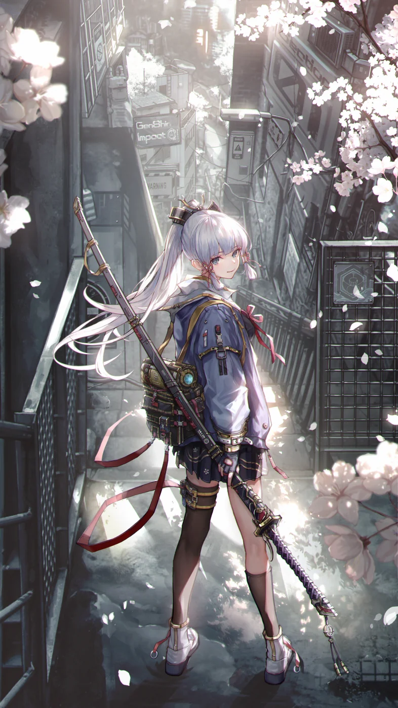 girl anime art katana street houses wallpaper