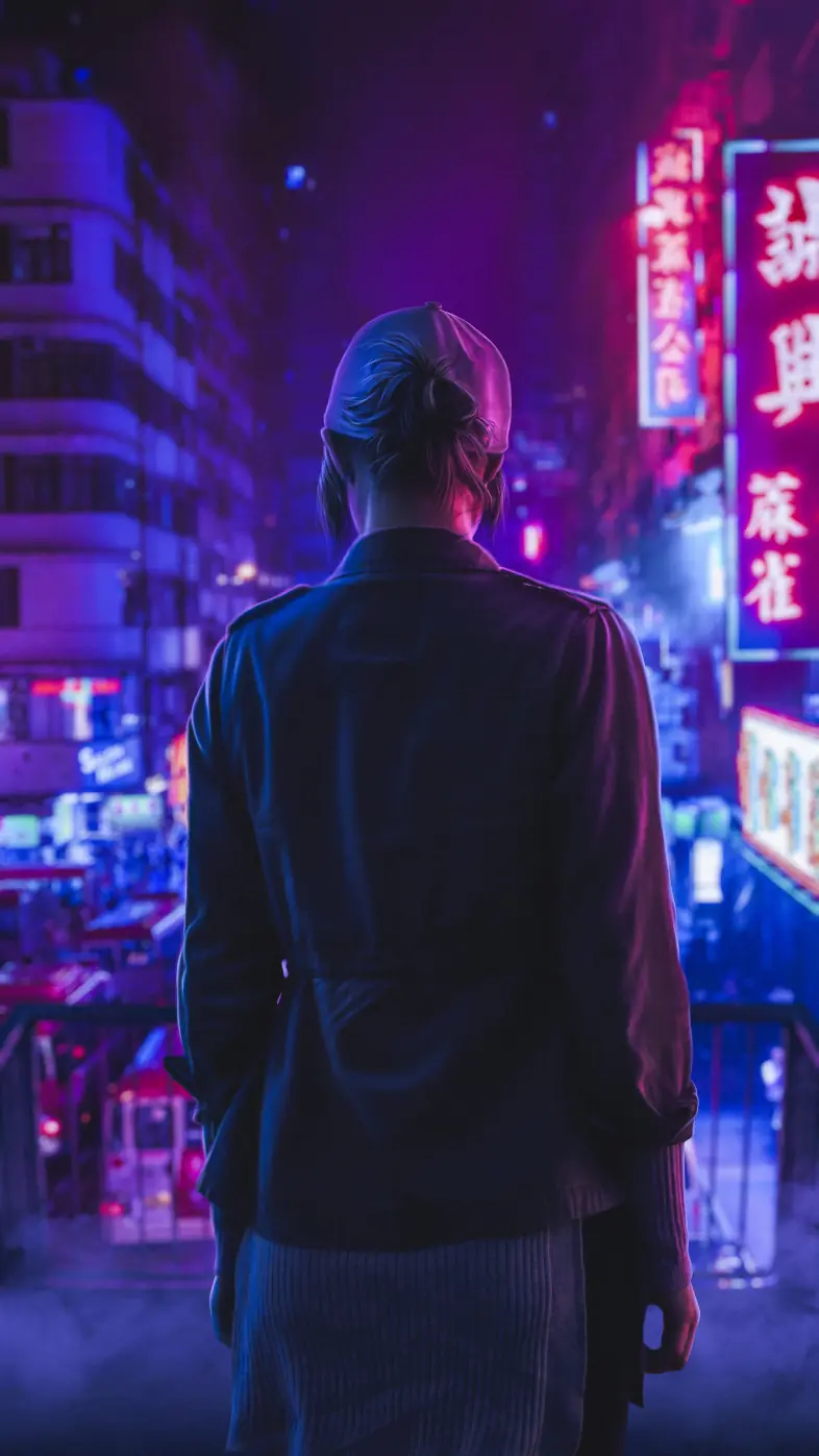 girl back neon night city wallpaper
