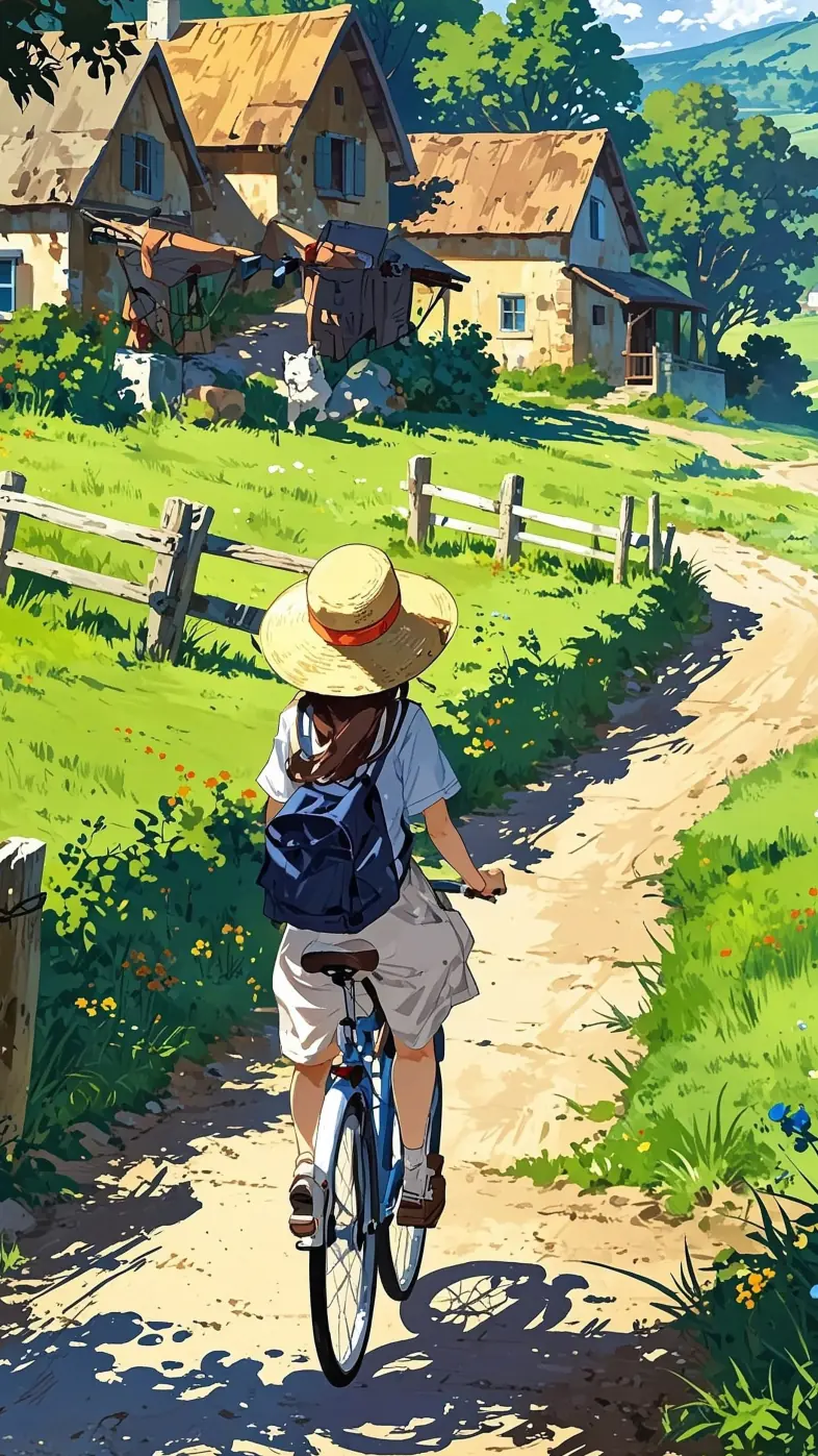 girl bicycle path village houses wallpaper