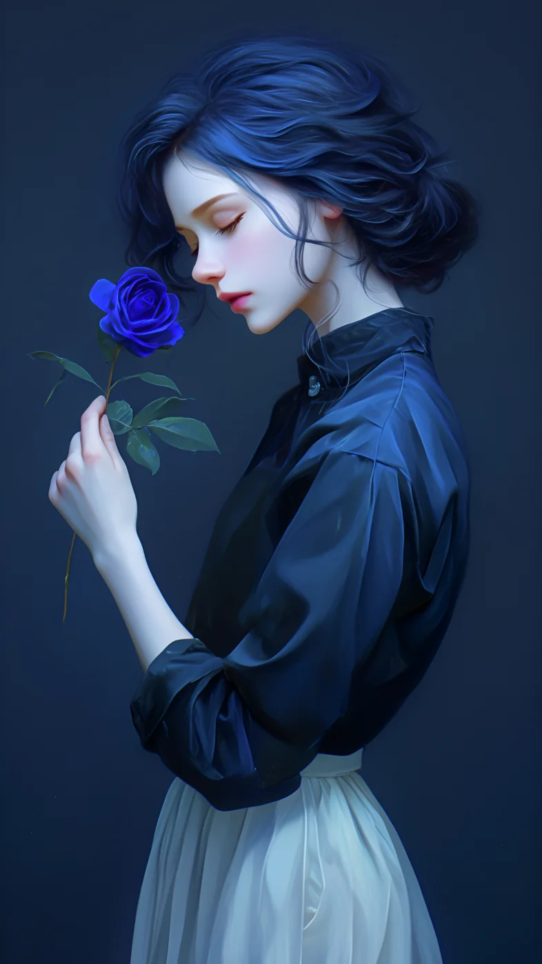 girl brunette rose blue wallpaper